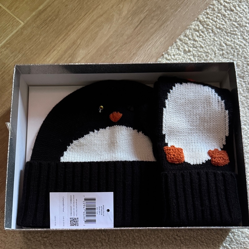 kate spade Black and White Penguin Hat and Mittens Set